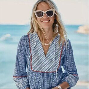 Boden Women's Cora Star Print Split Neck Popover Long Sleeve Peasant Blouse Sz 6